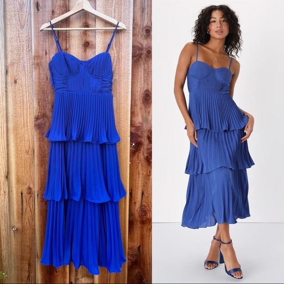 🌿 Cobalt Blue Bustier Pleated Tiered Chiffon Midi Dress 🌿 - Picture 1 of 10